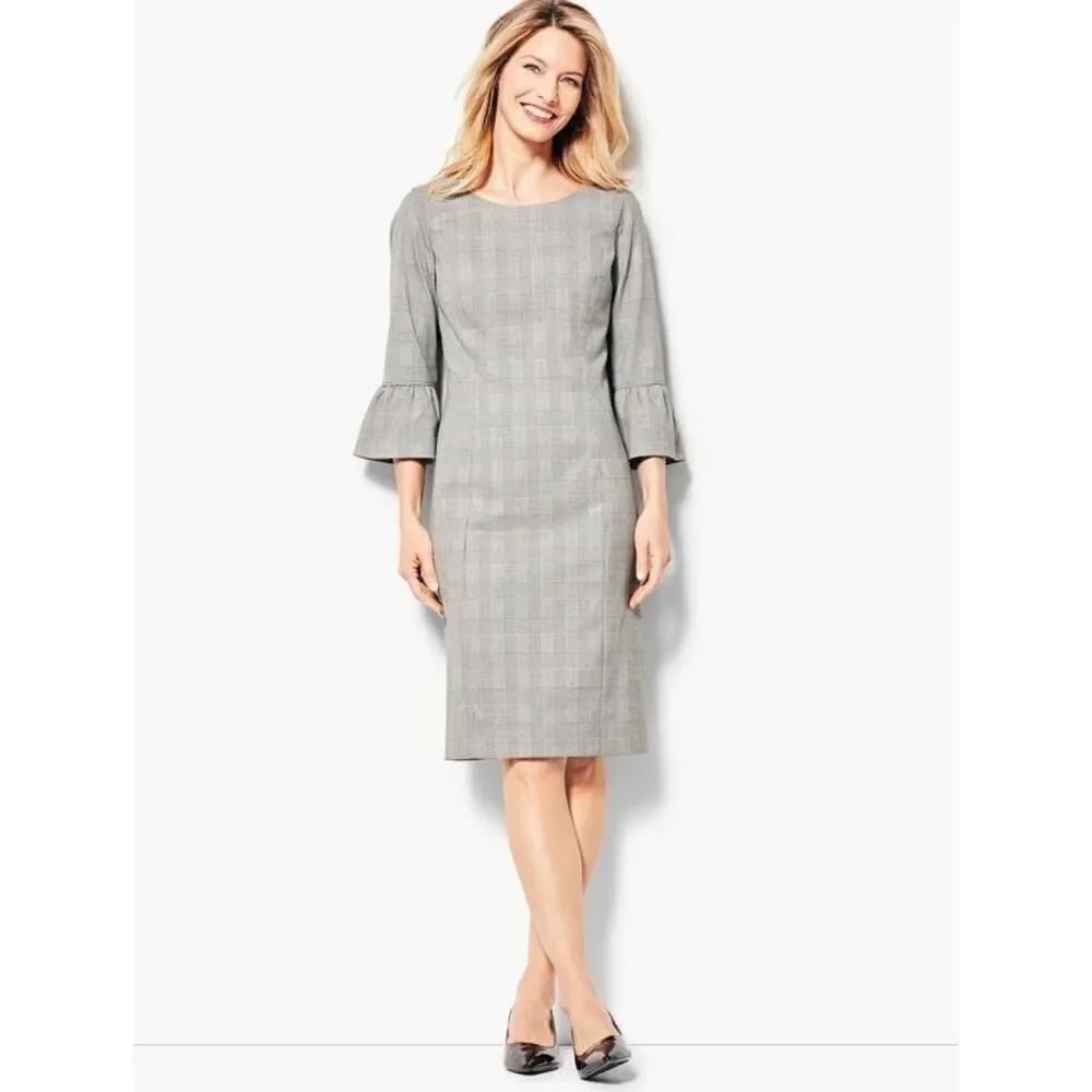 Talbots Size 12 Flare Sleeve SheathโDress Black Houndstooth Plaid Modest Career